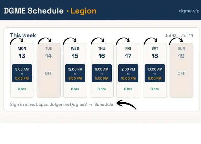 DGME schedule in Legion weekly view